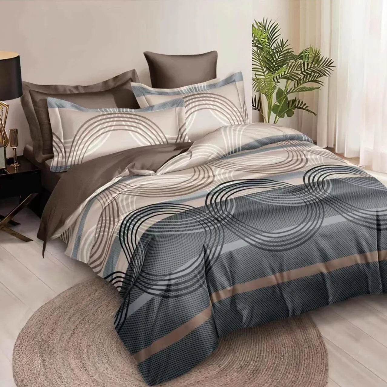 Braon i siva moderna posteljina sa kružnim šarama – Elegant Circles bračna posteljina 200x220 - mojaposteljina.rs