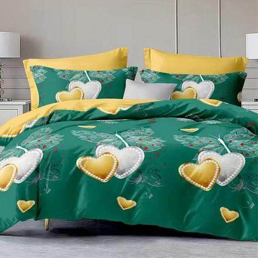 Bračna posteljina sa zelenom podlogom i žutim srcima – 4 dela, 200x220 cm, pamuk - mojaposteljina.rs