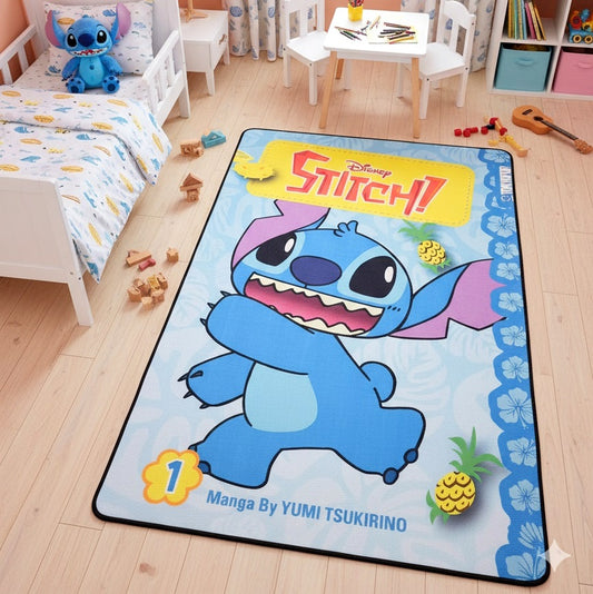 Dečiji tepih Stitch plavi 80x120 cm sa gumenom podlogom postavljen u dečijoj sobi