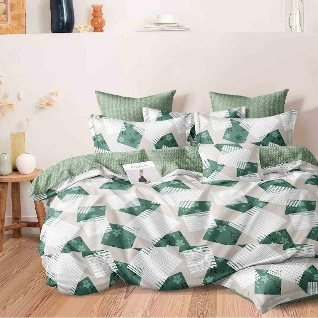 Bračna posteljina zeleno–bela geometrija – 4 dela (200x220 cm) - mojaposteljina.rs